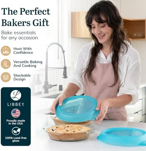 Libbey Baker’s Premium 2 Piece Glass Pie Plate, Stackable, Space Saving Casserole Dish Set with Lids, Glass Baking Dish Set for Fruit Pies, Quiches