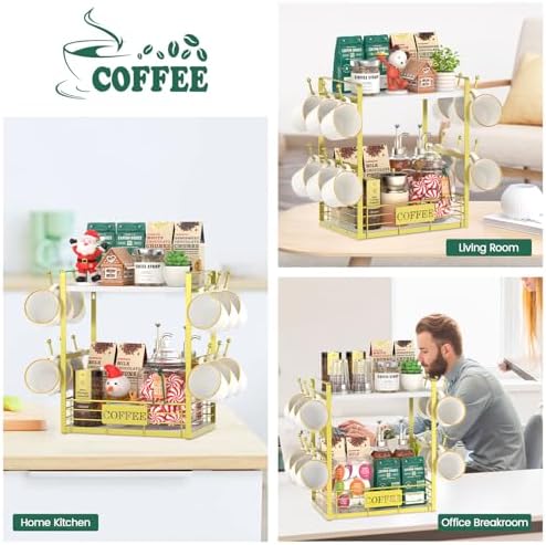 EsLuker.ly Coffee Mug Cup Holder Tree Bar Station Organizer, 2 Tier Gold
