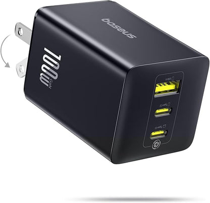 Baseus 100W USB C Charger Block, 3-Port Foldable Compact PPS Wall Charger