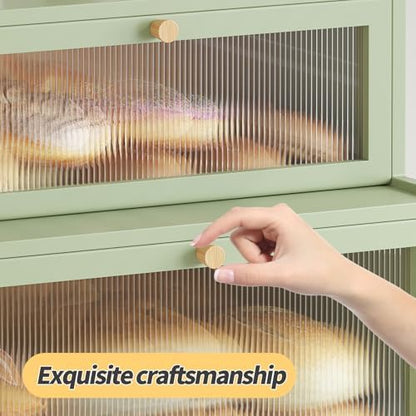 Double Layer Bamboo Bread Box for Kitchen Counter, Countertop Bread Storage Container, Bread Container Bread Storage with Window Bread Holder (Green)