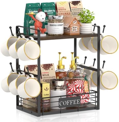 EsLuker.ly Coffee Mug Cup Holder Tree Bar Station Organizer, 2 Tier Brown