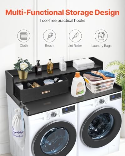 VEVOR Washer Dryer Countertop 2 Drawers, Laundry Topper with 2 Hooks, Black