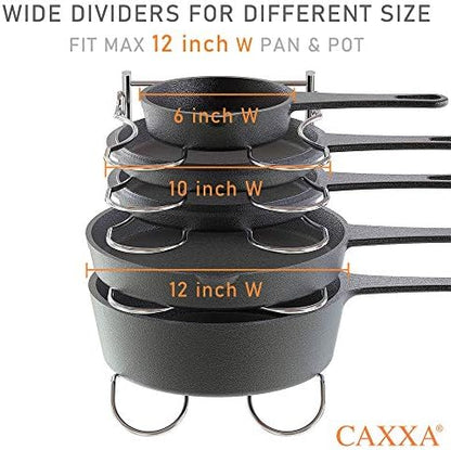 CAXXA Heavy Duty Pan Rack, Pot Lid Rack, Kitchen Cabinet Pantry Cookware Organizer Rack Holder with 5 Adjustable Dividers, Chrome