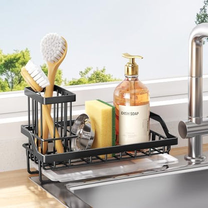 Consumest Sponge Holder for Kitchen Sink - Kitchen Sink Caddy Organizer with Removable Drip Tray for Countertop Dish Soap Dispenser Brush Storage Accessories 304 Stainless Steel - Black