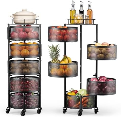 VEVOR Rotating Storage Rack Cart, 5 Tier Fruit and Vegetable Basket Bowls, Heavy Duty Wire Basket Organizer on Wheels, Large Capacity Stand with Metal Top Lid, for Kitchen Bathroom Nursery, Black