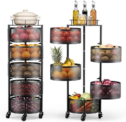 VEVOR Rotating Storage Rack Cart, 5 Tier Fruit and Vegetable Basket Bowls, Heavy Duty Wire Basket Organizer on Wheels, Large Capacity Stand with Metal Top Lid, for Kitchen Bathroom Nursery, Black