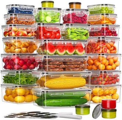 KEMETHY 54-Piece Food Storage Containers with Lids(27 Containers & 27 Lids), Plastic Food Containers for Pantry & Kitchen Storage and Organization, BPA-Free, Leak Proof, Reusable with Labels & Pen