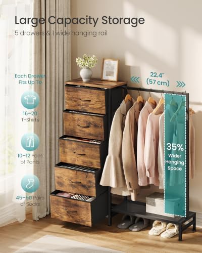 SONGMICS Dresser with Hanging Rod, 5 Fabric Drawers, Bottom Shelf