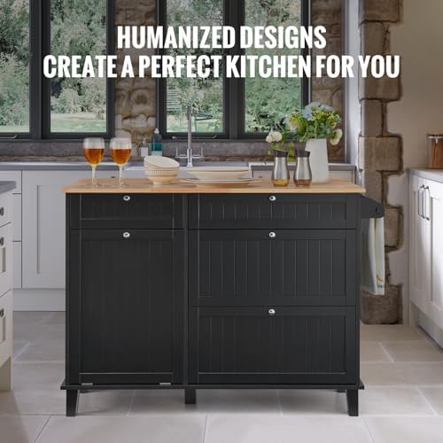 VEVOR Kitchen Island Cart, 50" Wood Top Breakfast Bar with Trash Cabinet Tilt Out 10 Gallon Storage, Farmhouse Dining Living Room Table with Drop Leaf, Towel Bar, Drawer, Black