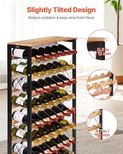 VEVOR 48 Bottle Wine Rack,8-Tier Iron Wine Bottle Holder with Wood Table Top,Freestanding Floor Display Wine Storage Shelves,for Kitchen Pantry, Cellar, Bar, Dining Room,26''L X 9.3''W X 46.9''H