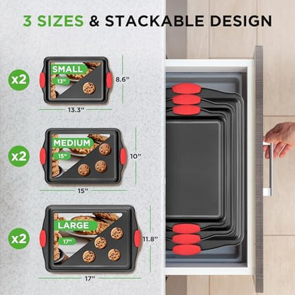NutriChef Nonstick Baking Pans Set – Premium Cookie Sheets for Baking, Carbon Steel Stackable Baking Trays with Red Silicone Handles, Oven Safe Pans for Cookies, and Cakes, Dishwasher Safe (6 Pack)