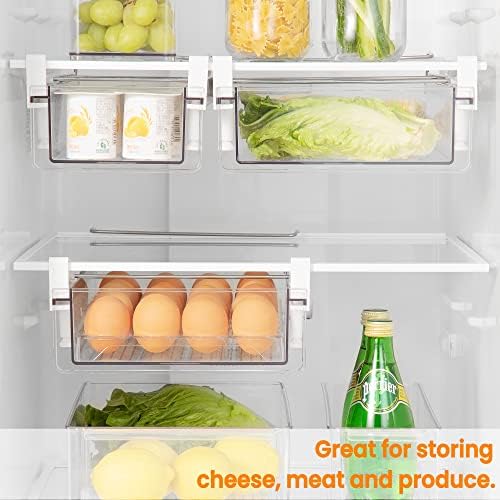 vacane Fridge Organizer Drawer, Clear Plastic Fridge Organizer Bins, Add on Refrigerator Drawer,Fridge Storage Container Under Shelf Holder for Fruit, Vegetable, Meat, Cheese, Easy to Install-M