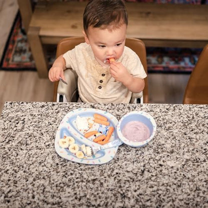 The First Years Bluey 4-Piece Place Setting - BPA Free Dishwasher Safe Toddler Dinnerware Set with Divided Plate, Bowl, Fork, Spoon - Multicolor