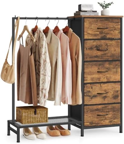 SONGMICS Dresser with Hanging Rod, 5 Fabric Drawers, Bottom Shelf