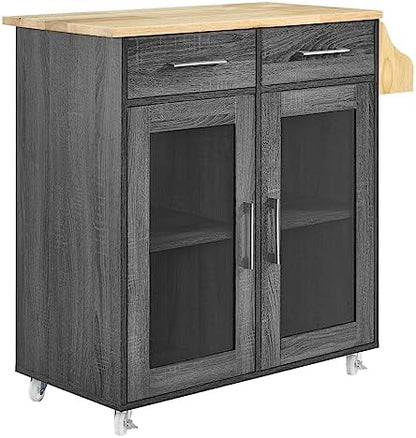 Modway Cuisine Rolling Kitchen Cart with Storage in Charcoal Natural - Portable Island for Kitchen with Spice Rack, Perfect as a Coffee Bar Cabinet, Butcher Block Island or Kitchen Island on Wheels