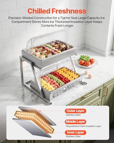 VEVOR Countertop Food Serving Display Container, 2 Tier Stainless Steel Food Salad Server Tray, Buffet Condiment Dispenser, Ice Cooled Rack with Clear Roll Top Cover, for Restaurant Hotel (1/1 Pan x2)