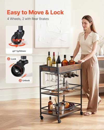 VEVOR Bar Cart with Wheels, 3-Tier Rolling Serving Cart, 26.77-Inch Beverage Station with Wine Rack, Glass Holder and S Hooks for Home Kitchen, Rustic Brown and Black