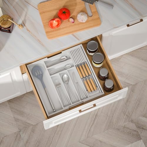 TIOPGHAD Expandable Bamboo Silverware Drawer Organizer Kitchen Tray, White
