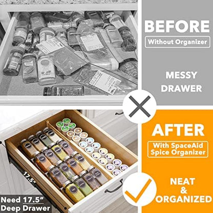 SpaceAid Spice Drawer Organizer with 16 Spice Jars, 386 Spice Labels, 4 Tier Seasoning Rack Tray Insert for Kitchen Drawers, 7.5" Wide x 17.5" Deep