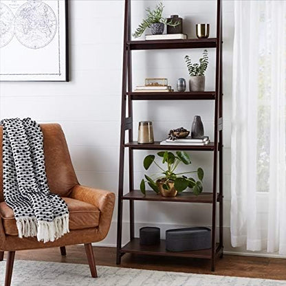 Amazon Basics 5-Tier Ladder Bookshelf Storage Organizer, Tall Bookcase for Small Space, Solid Rubberwood Frame, Modern Display Shelf, Espresso Finish, 14" D x 24.8" W x 70.1" H