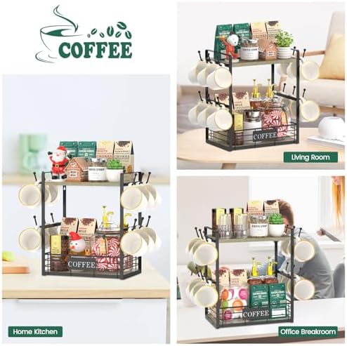 EsLuker.ly Coffee Mug Cup Holder Tree Bar Station Organizer, 2 Tier Grey Oak