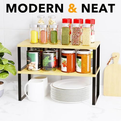 SpaceAid Cabinet Shelf Organizers 8 Pack, Kitchen Counter Rack Shelves Riser, Stackable Expandable Spice Rack, Pantry Cupboard Storage Organization (Black and Natural, Long)