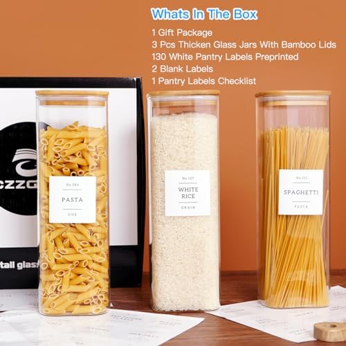 CZZGSM 3 Pack Square Kitchen Storage Jars with Airtight Bamboo Lids and 132 Pantry Labels - 80oz Glass Canisters with Wood Lids - Food Storage Containers for Spaghetti, Pasta, Fettuccine