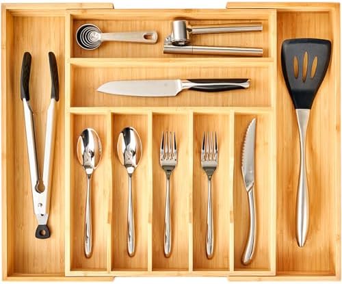 Umilife Large Expandable Kitchen Silverware Utensils Drawer Organizer, 2.5" Extra High Adjustable Drawer Divider with Curved Grooves, Bamboo Wood Cutlery Tray Flatware Holder