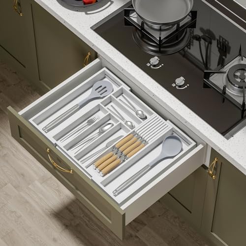 TIOPGHAD Expandable Bamboo Silverware Drawer Organizer Kitchen Tray, White