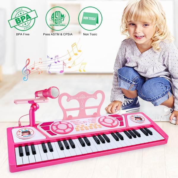 Toys for 3+ Year Old Girls Gift: 49 Keys Kids Piano Keyboard Multifunctional Educational Musical Instrument Toy with Microphone, Earphone, Dual Speakers, Birthday and Xmas Gifts for 3+ Girls Toys