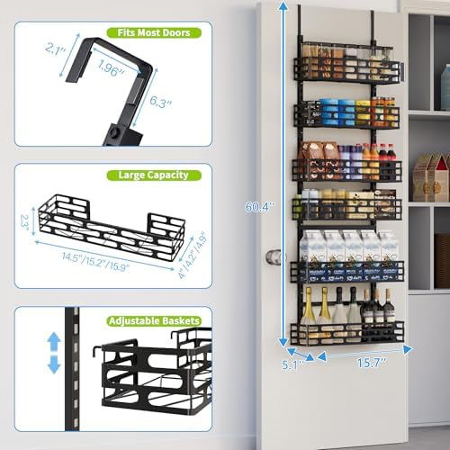 6-Tier Over Door Pantry Organizer, 60.4" H Heavy Duty Metal Hanging Storage Rack for Laundry Bathroom, Black