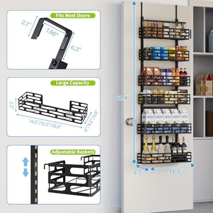 6-Tier Over Door Pantry Organizer, 60.4" H Heavy Duty Metal Hanging Storage Rack for Laundry Bathroom, Black