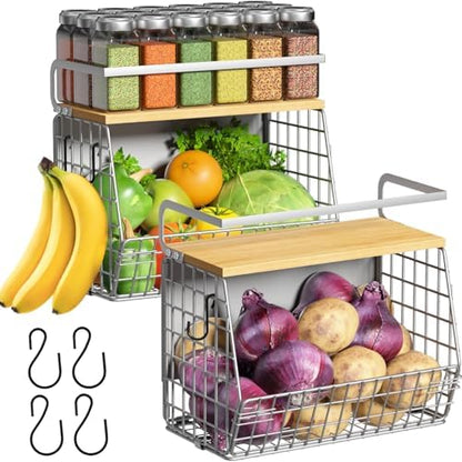 Magnetic Shelf for Fridge with Wood Lid, Fruit Potato and Onion Storage Bins, Pantry Organizers & Storage, Large Container Magnetic Spice Rack for Refrigerator, Kitchen Counter (Silver-gray, 2)