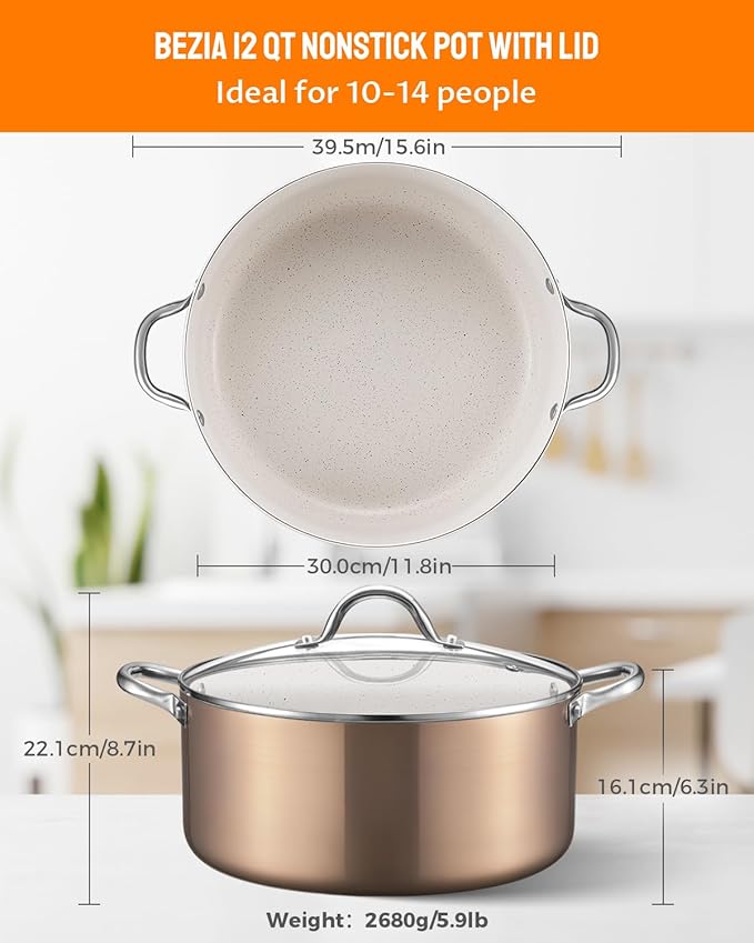 BEZIA Large 12 Quart Nonstick Cooking Pot