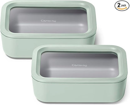 Caraway 2pc Glass Food Storage Set - 6.6 Cup Food Containers (2) - Ceramic Coated - Non Toxic, Non Stick Lunch Box with Lids. Dishwasher, Oven, & Microwave Safe - Mist