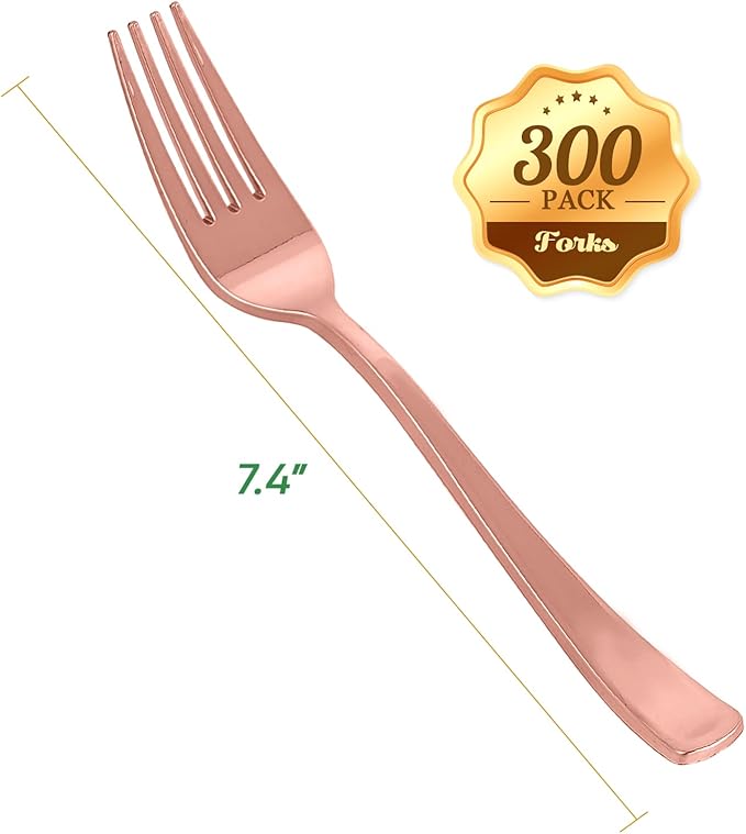 FOCUSLINE 300 Pack Disposable Rose Gold Plastic Forks, Solid and Durable Plastic Cutlery Forks, Heavy Duty Disposable Utensil Silverware for Catering, Parties, Dinners, Weddings