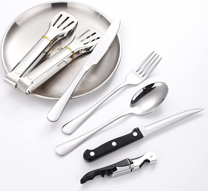 Camping Silverware Silver Picnic Plates and Utensils Set for 4 Portable Tableware Stainless Steel Flatware 20 Pieces With Organizer Bag Reusable Durable