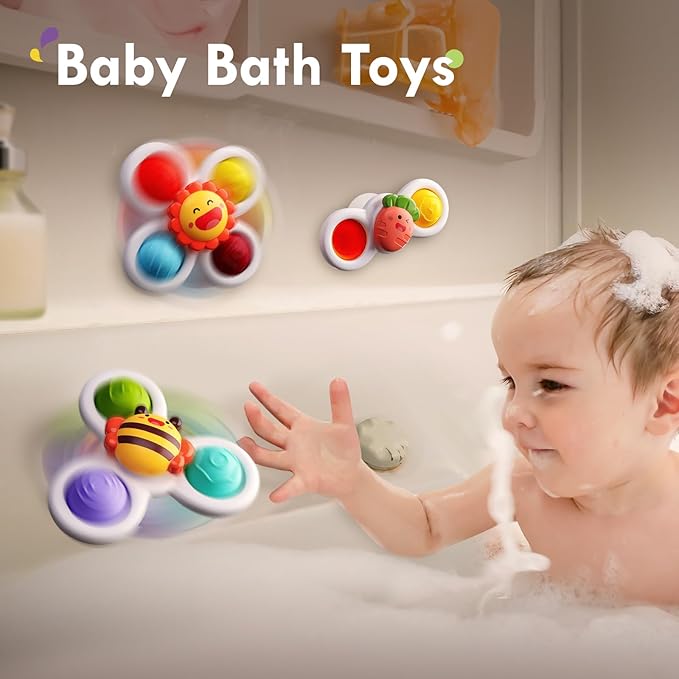 ALASOU 3PCS Pop Suction Cup Spinner Toys for 1 Year Old Boy Girl|Novelty Spinning Tops Toddler Toys Age 1-2|Sensory Baby Bath Toy for Toddlers 1-3|12 18 Months Boy Birthday Gift for Infant