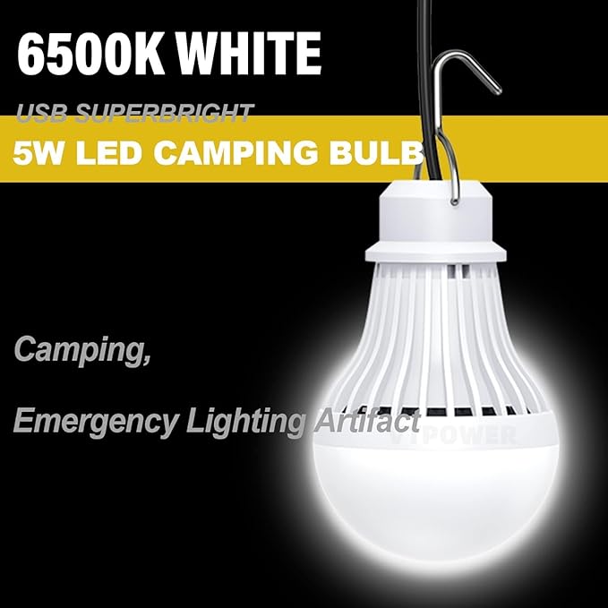 2 Pack USB Light Bulb, USB LED Camping Light Lantern, 8.2 ft Extra Length Cord Tent Light with USB Y-Cable, Portable LED Bulb for Garage Warehouse Car Truck Fishing Boat Room Emergency Light, White