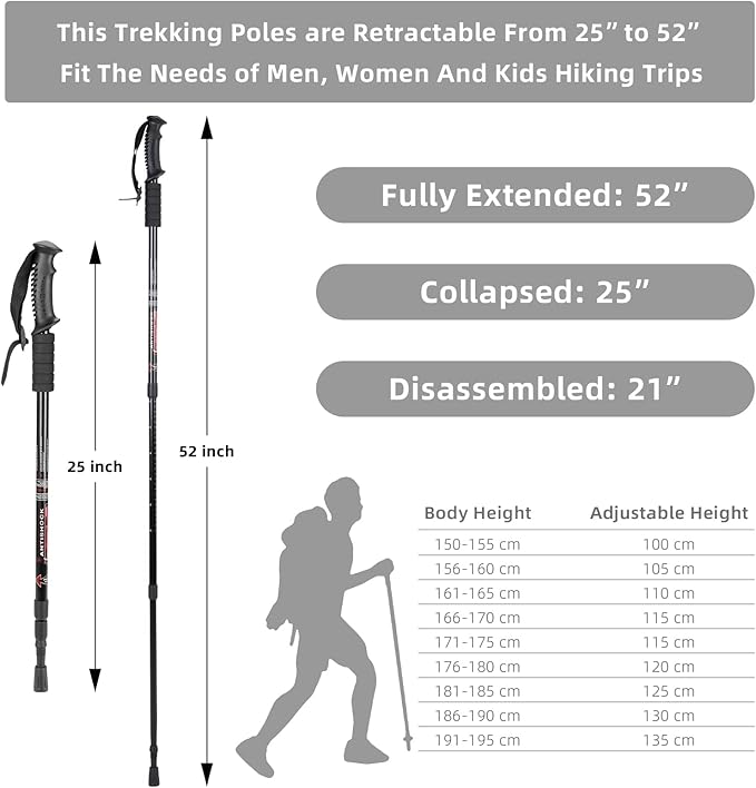 Aihoye Hiking Trekking Poles, 2 Pack Collapsible, Lightweight, Anti Shock, Walking Sticks, Adjustable Hiking Pole for Men and Women