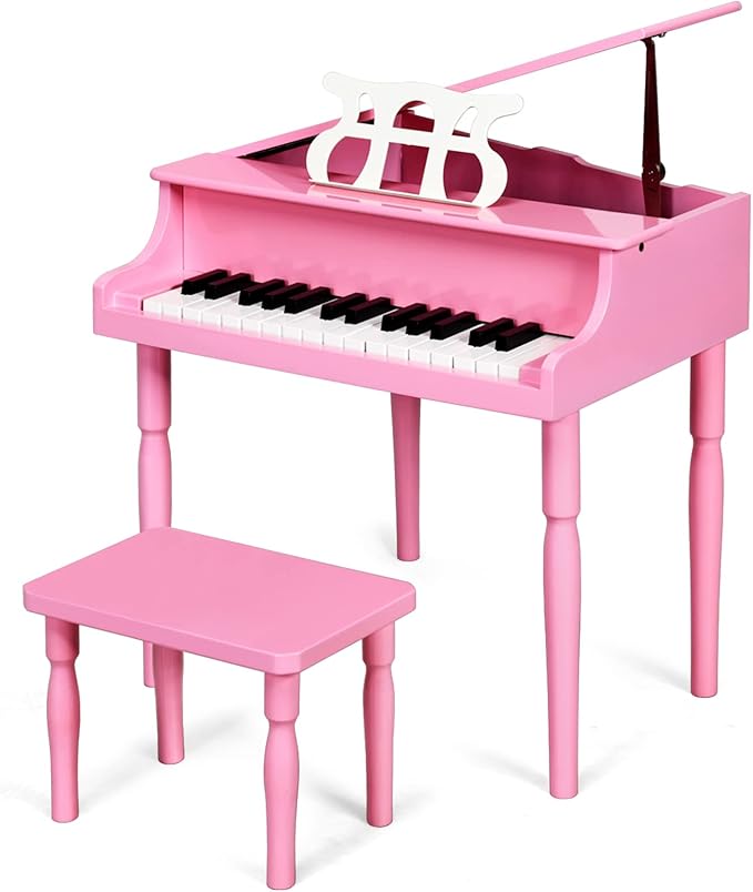 Goplus 30-Key Classical Kids Piano, Mini Grand Piano Wooden Learn-to-Play Musical Instrument Toy with Bench, Piano Lid, Music Rack, Gift for Boys Girls Aged 2+ Baby Toddler(4 Straight Leg-Pink)