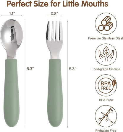 Toddler Utensils, Kids Silverware with Silicone Handle, Spoons and Forks Set, 18/8 Stainless Steel Children Safe Feeding Supplies, 6 Pack, Dishwasher Safe