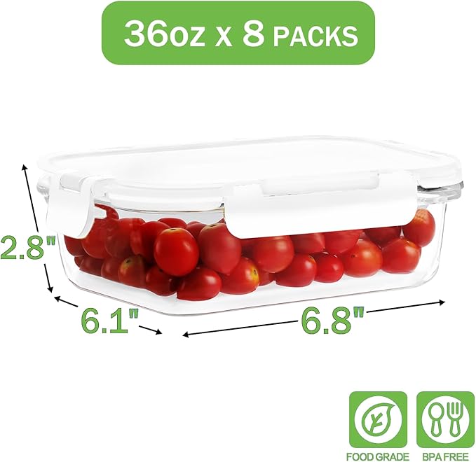 8 Pack 36oz Large Glass Meal Prep Containers