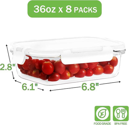 8 Pack 36oz Large Glass Meal Prep Containers