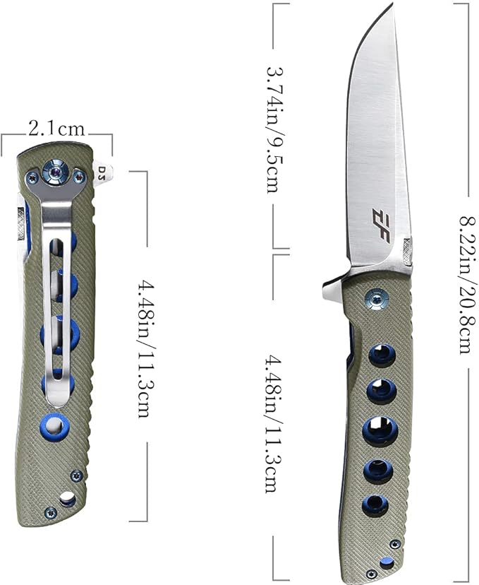 Eafengrow EF27 Folding knife, D2 Steel Blade Everyday Carry, Flipper Open, Liner Lock, G10 Handle Pocket Knifes with Clip for Camping Hiking(Green)