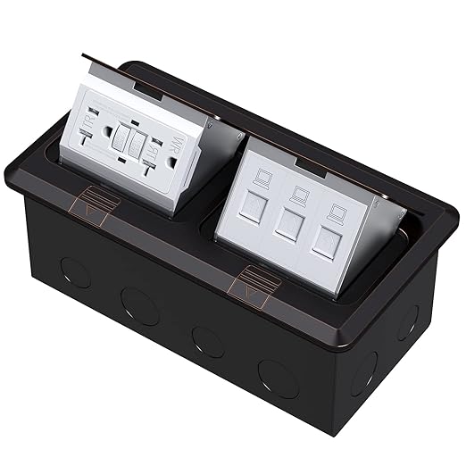 KYHSHJ Dual Pop-Up Floor Electrical Outlet Box Kit，20 Amp Stainless Steel GFCI TR Receptacle Outlet，3-Port RJ45 Datacom Receptacle，Oil Rubbed Bronze
