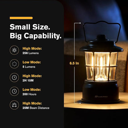 LUXPRO Retro LED Lantern - Battery-Powered Emergency Lantern - Water Resistant - Bright LED Lamp for Indoor & Outdoor Use - Use for Tents, Hiking or Hurricane Prep (Blac, Pack of 2)