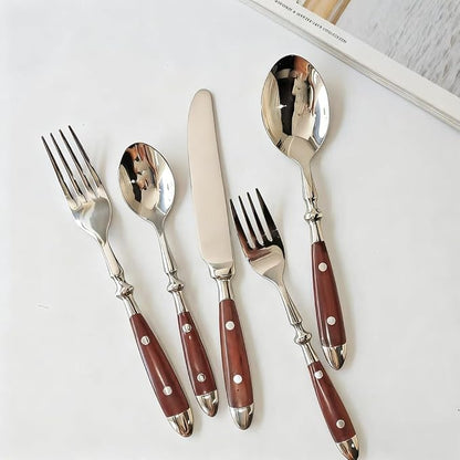 Silverware Set For 8 with Two Rivets, Vintage 40-Piece Everyday Flatware Set with Wood Grain Bakelite Handle, Stainless Steel Cutlery Set, Dishwasher Safe, Knives Spoons and Forks Set