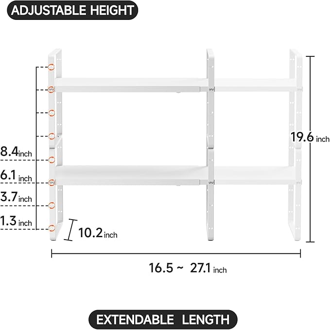 2Pack 16.5-27’’L Expandable Kitchen Shelf Organizer, Stackable Shelves Organizer, Adjustable Height Pantry Spice Rack for Cabinet, Countertop, Pantry and Cupboard, White
