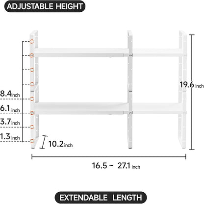2Pack 16.5-27’’L Expandable Kitchen Shelf Organizer, Stackable Shelves Organizer, Adjustable Height Pantry Spice Rack for Cabinet, Countertop, Pantry and Cupboard, White